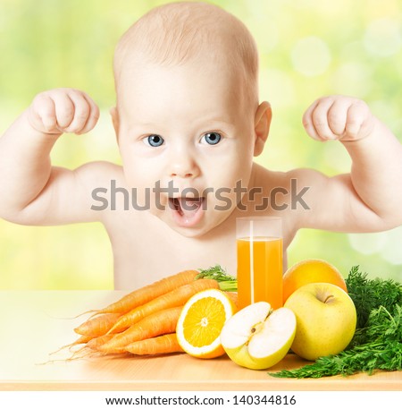 Baby Fresh Fruit Meal And Juice Glass. Concept: Healthy Vitamin Vegetable Food Diet Make Baby Strong And Happy
