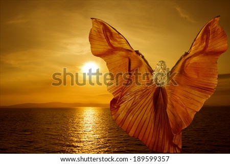 Woman with butterfly wings flying on fantasy sea sunset, relaxation meditation concept