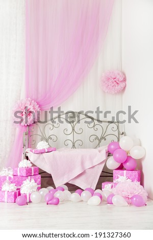 birthday party room background with gift boxes. Kids celebration presents girl or woman