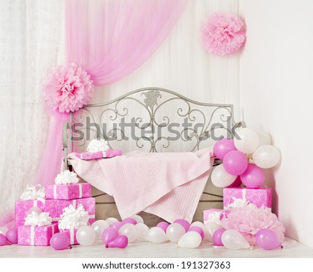birthday party room background with gift boxes Kids celebration presents girl or woman birthday party room background with gift boxes Kids celebration presents girl or woman