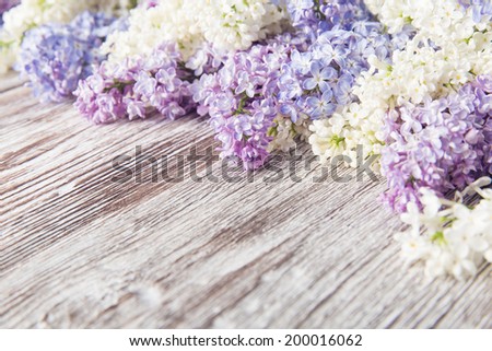 lilac flowers on wood background, blossom branch on vintage wooden texture