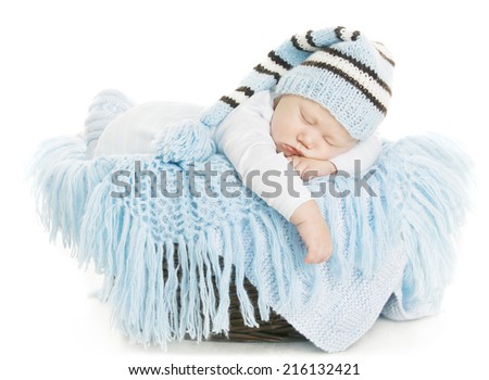 Baby Newborn Portrait, Boy Kid New Born Sleeping In Blue Hat, Child Isolated Over White Background