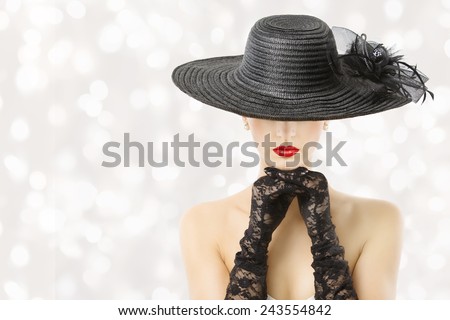 Woman In Hat Beauty Portrait, Beautiful Girl Hidden Face, Red Lips Fashion Gloves, White Background