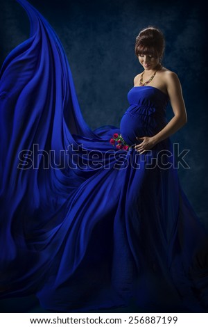 Pregnant Woman Beauty Portrait, Beautiful Maternity Concept, Mother in Fashion Blue Fluttering Dress, Cloth Flying and Waving