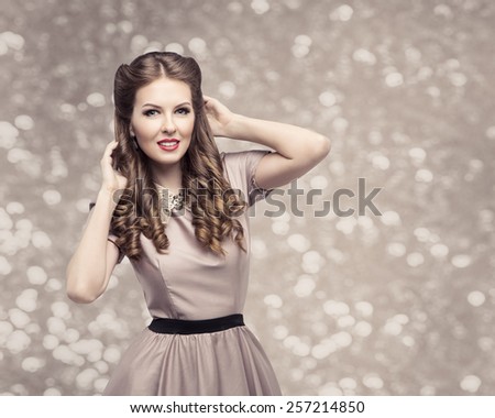 Retro Woman Hairstyle, Pin Up Girl Portrait, Elegant Model Make Up with Long Curly Hair