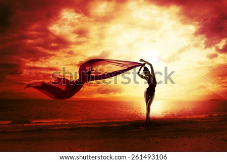 Sexy Woman Silhouette over Red Sunset Sky, Sensual Female on Beach, Vacation Holiday Concept, Girl with Windy Flying Cloth