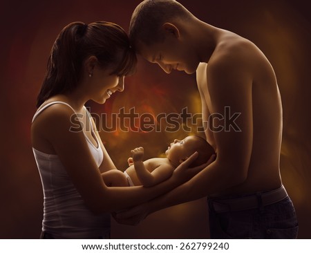 Family Portrait and Baby, Young Mother Father Holding New Born Kid on Hands, Happy Parents and Child