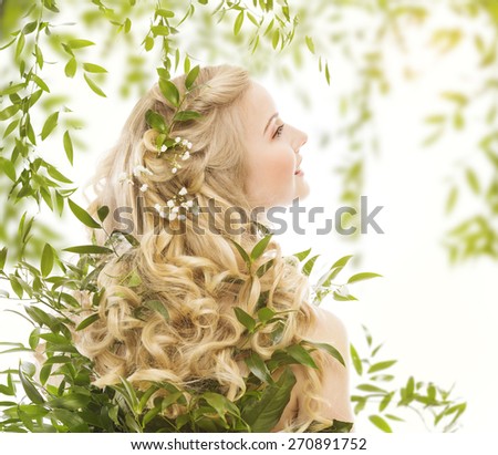 Hair Natural Care, Woman with Long Curly Blond Hairs, Young Girl Haircare, Back view in Green Leaves over white