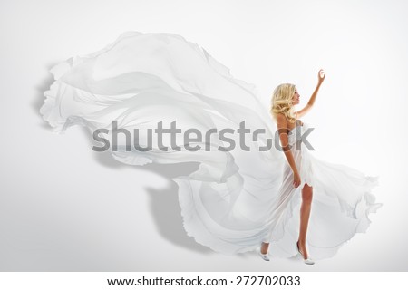 Woman White Waving Dress, Showing Hand Up, Flying Fabric, Silk Cloth Flowing on wind