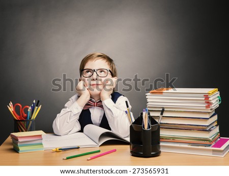School Child Boy in Glasses Think in Classroom, Kid Primary Students Reading Book, Pupil Learn Lesson and Dream, Education Concept