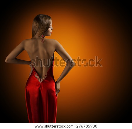 Woman Naked Back, Womanly Fashion Model Posing Sexy Red Dress, Elegant Girl Rear View Looking Side over Shoulder