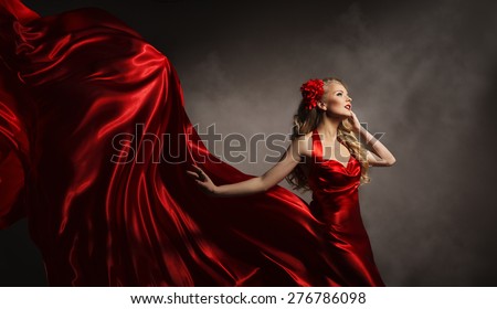 Model in Red Dress, Glamour Woman Posing in Flying Long Silk Cloth on Wind, Beauty Fashion Portrait