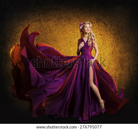 Model in Purple Dress, Woman Posing in Flying Silk Cloth Waving on Wind, Beauty Fashion Portrait