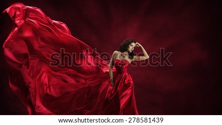 Red Dress, Woman in Flying Fashion Silk Fabric Clothes, Model Posing with Blowing Waving Cloth, Beauty Concept