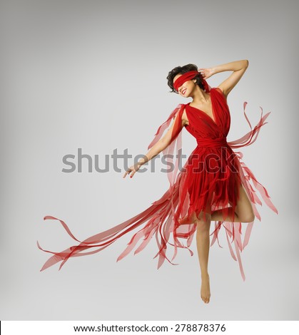 Woman Artist Dancing in Red Dress, Girl with Band on Eyes, Model with Ribbon Bandage over light gray background