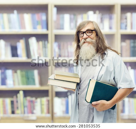 Senior with Books Glasses, Student Old Man Education in Library, Beard Mature Training
