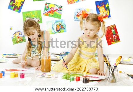 Creative Kids Painting by Brush, Little Girls Drawing Image, Children Inspiration Education Concept