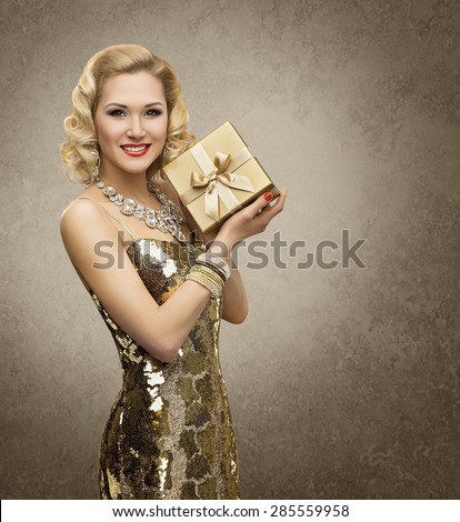 Rich Woman with Gift Box, Luxury Retro Girl in Shining Gold Dress, Yellow Golden Present for VIP Lady