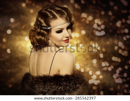 Retro Woman Hairstyle Portrait and Makeup, Fashion Model with Curly Hair Style, Girl Back view Looking over Shoulder