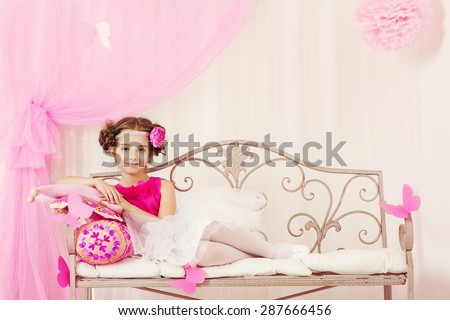 Fashion Kid, Little Girl Portrait, Cute Child Posing in Pink Retro Dress, Vintage Fashioned Style