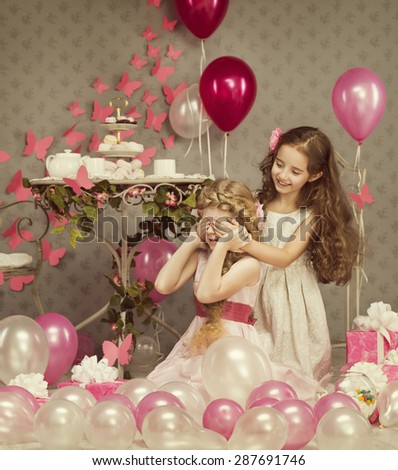 Kids Little Girls Covering Eyes with Hands, Children Birthday Presents Balloons Gift Box, Retro Style Celebration
