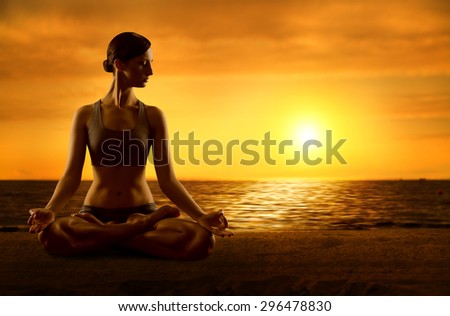 Yoga Meditating Lotus Position, Exercising Woman Meditation in Asana Pose, Female on Sunrise Beach