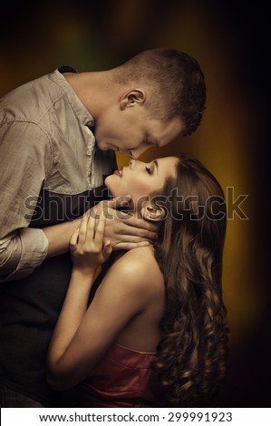 Young Couple Kissing in Love, Fashion Woman Man Romantic Passion Desire, Intimate Emotions of Lovers