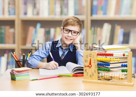 School Kid Education, Student Boy Studying Books, Little Child in Glasses, Abacus clock