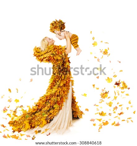 Autumn Mother and Baby in Yellow Fall Leaves, Mom Raising up Little Kid, Family on White Background