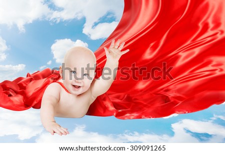 Baby Superhero, Kid Super Hero with Red Superman Cape, Child Boy Flying in Blue Sky