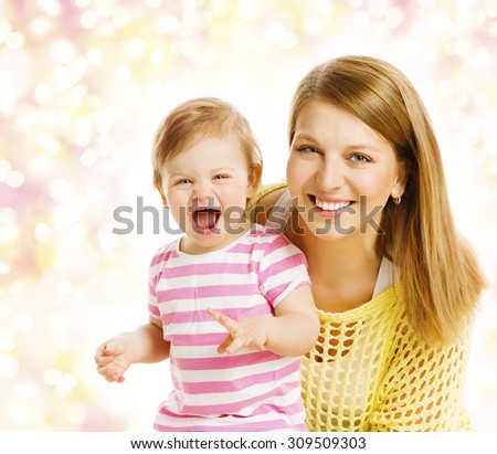Mother and Baby Girl Family Portrait, Smiling Woman with Happy Laughing Kid, Daughter one year old