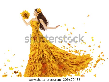 Woman Autumn Fashion Dress of Fall Leaves, Model Girl in Yellow Wedding Bride Gown on White, Creative Beauty