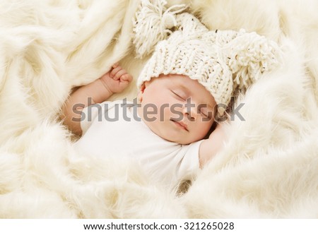 Baby Sleeping in Bed, Newborn Kid Sleep in Hat, New Born One Month Girl