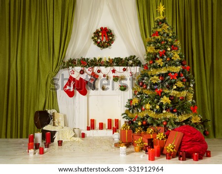 Christmas Room Xmas Tree, Decorated Home Interior, Hanging Sock on Fireplace, Presents Gifts, Santa Bag