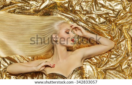 Hair Style Model, Fashion Long Straight Hairstyle, Woman Lying on Gold Color Cloth