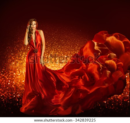 Fashion Woman in Red Dress, Beauty Model Gown Flying Silk Fabric, Elegant Girl with Flowing Cloth