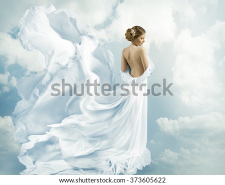 Women Fantasy Flying Gown, Waving Dress Blowing on Wind Sky