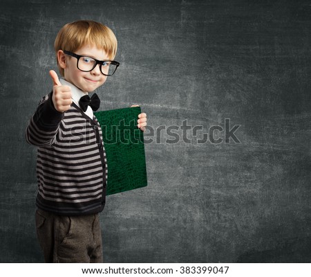 School Child in Glasses Thumbs Up, Kid Boy Hold Book Certificate, Successful Education
