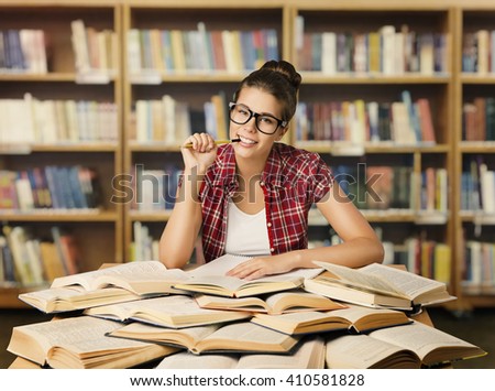 Student Girl with Open Books in Library, Studying Woman in Glasses