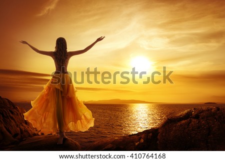 Calm Woman Meditating on Sunset Beach, Relax in Open Arms Pose