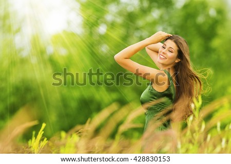 Woman Happy, Beautiful Active Free Girl on Summer Green Outdoor Background