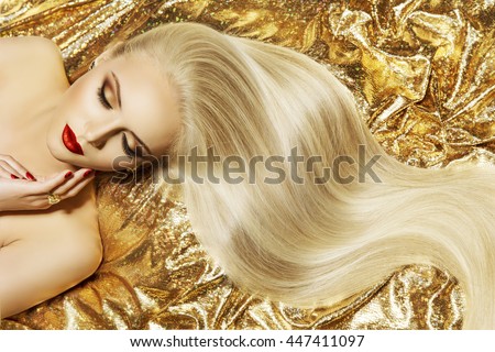 Fashion Model Gold Color Hair Style, Woman Long Waving Hairstyle