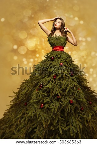 Fashion Model Christmas Tree Dress, Woman Xmas Gown, New Year Clothing Decoration