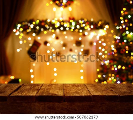 Christmas Kitchen Wood Table, Xmas Holiday Night Lights, Empty Wooden Desk