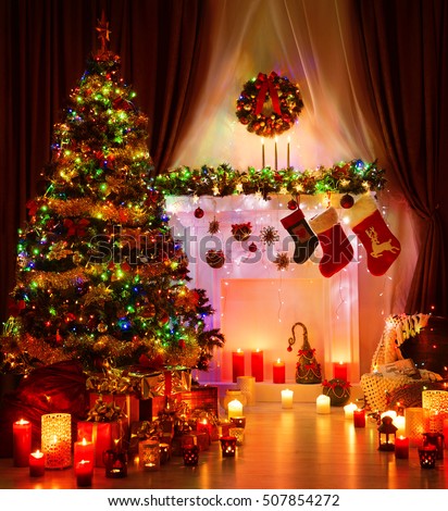 Christmas Room and Lighting Xmas Tree, Hanging Socks on Fireplace, Eve Magic Night Interior