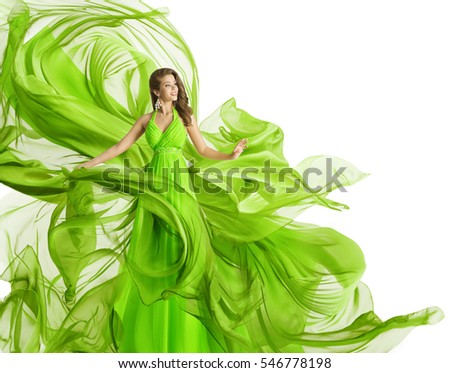 Fashion Woman Flying Dress, Model in Green Gown Waving Chiffon Fabric, Flowing Cloth Isolated over White