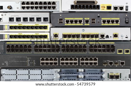 Ethernet LAN and WAN ports. Front panels of router, switch, hub, firewall, and other telecomunication network equipment.