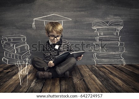 Children Education, Kid Read Book, School Boy Reading Dreaming About Books over Blackboard Background