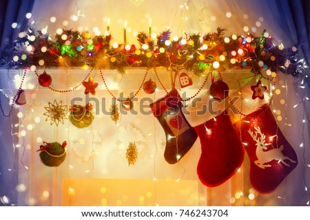 Christmas Stocking on Fireplace, Hanging Xmas Family Socks on decorated Fire Place