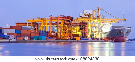 Panorama of Industrial Container Cargo freight ship with working crane bridge in shipyard at dusk for Logistic Import Export background Panorama of Industrial Container Cargo freight ship with working crane bridge in shipyard at dusk for Logistic Import Export background